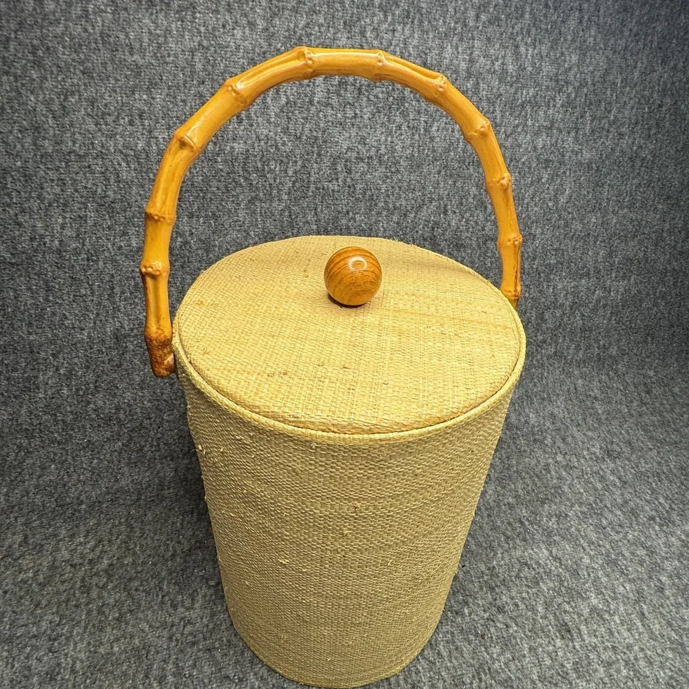 Vintage‎ Wicker Ice Bucket Faux Bamboo Handle Mid Century Barware 15